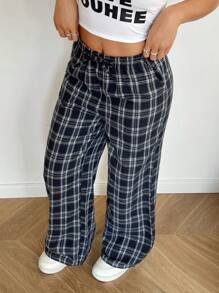 SHEIN Teen Girl Preppy Style Checkered Drawstring Wide Leg Loose Casual Pants - Royal Blue - View 4