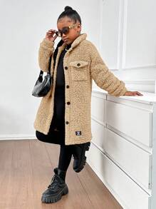 SHEIN Áo len cardigan midi lót nhiệt ấm áp cho bé gái tuổi mới lớn, cổ bẻ cài nút, thu/đông - Màu be - Xem 5