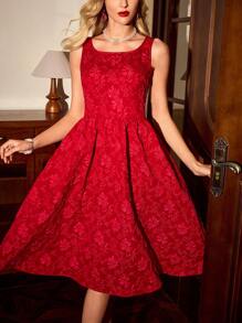 Vintamour Vestido vintage elegante de mujer con cuello en V sin mangas, estampado floral jacquard, con lazo en la cintura, corte evasé, mini para primavera y verano, ropa de mujer para invierno, conjunto de Acción de Gracias, atuendo navideño, vestido rojo de Navidad, vestido de Fin de Año, vestido de Acción de Gracias, vestido de vacaciones, vestido de invierno.