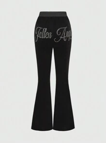 ROMWE J-Fashion 2 件套女士套装：天鹅绒 Y2K 水钻拼布连帽外套，搭配喇叭裤 - 黑色 - 查看 4