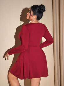 SHEIN ICON Plus Size Women Square Neck Waist A-Line Dress, Party Outfit, Angora Red, New Year Party Dress - Burgundy - View 5