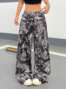 Coolane Women's Fall/Winter Cargo Streetwear Tree Branch Pattern With Pockets Pants - Black and White - View 7