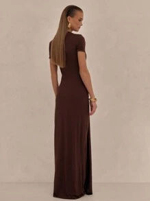MUSERA Draped Front Ruched Maxi Dress Graduation Prom Birthday Elegant Summer Vacation Fall , Halloween, Fall, Winter  New Year Thanksgiving - Coffee - View 2