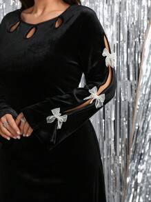 SHEIN Clasi Plus Size Women Elegant Bowknot Decor Color-Blocking Split Sleeve Velvet Dress, Autumn Collection Fall Cloth For Women - Black - View 4