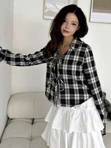 DAZY Women's Regular Collar Black & White Plaid Long Sleeve Bowknot Blouse, Spring/Summer/Autumn Cute Tops
