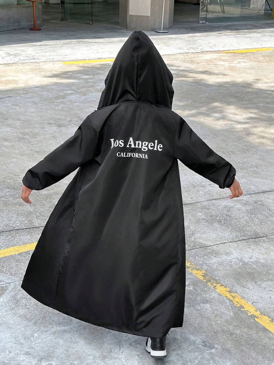Tween Girls' Cool & Long Black Full-Length Hoodie Loose Windbreaker Jacket