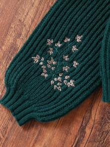 Girls' Retro Countryside Style Bee Embroidered High Neck Knitted Sweater - Green - View 6