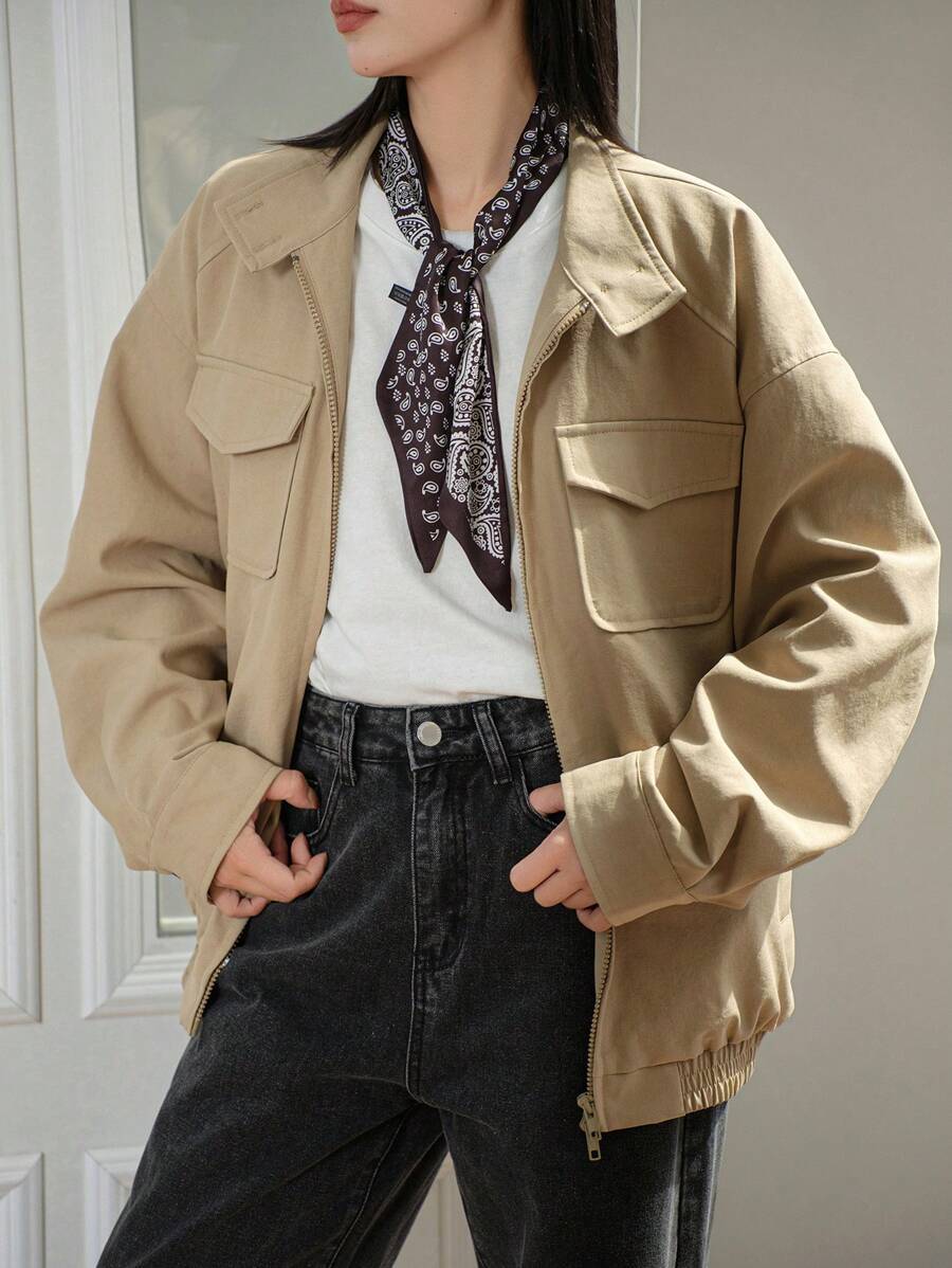 Dazy-Less Women's Casual Loose Solid Color Jacket With Pockets, Long Sleeve, Utility Style,Fall Clothes - Khaki - View 1