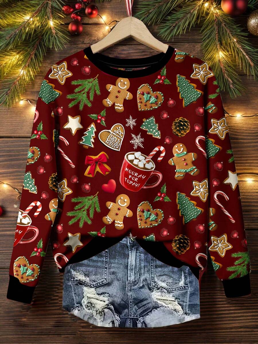 SHEIN LUNE 圣诞休闲姜饼人、圣诞树、雪花图案宽松圆领长袖运动衫，女士，秋冬