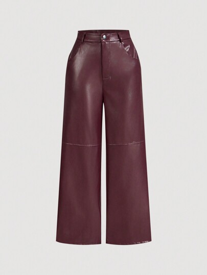 SHEIN MOD Pantalones rectos de piel de poliuretano color borgoña para una cita