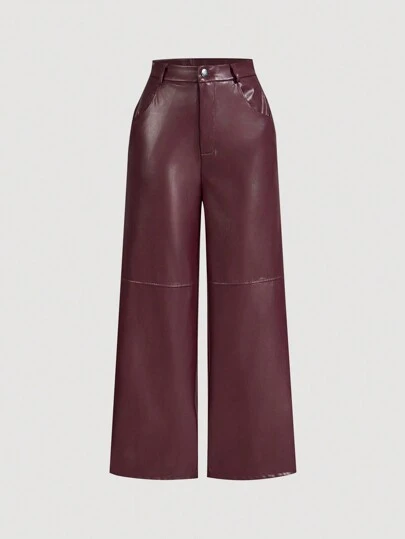 SHEIN MOD 勃艮第约会之夜纯色 PU 皮革直筒裤