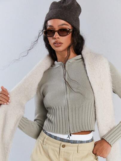 Athîral Damen Lässig Einfarbiger Reißverschluss Kapuzen Strickjacke, Herbst