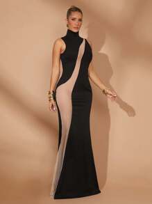 Lumalex 结婚周年纪念春节聚会季节情人节高领长袖网眼撞色女式连衣裙