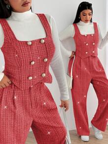 Flirla Plus Size Sleeveless Contrast Color Lapel Button Woolen Vest & Pants Suit, Casual, Work, Party, Date Elegant Outfit For Autumn/Winter For New Year Clothes