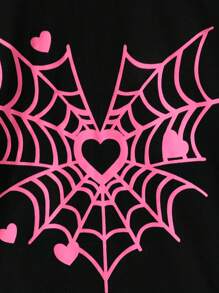 SHEIN Matching Mother Daughter Pink And Black T-Shirt,Autumn Cute School Heart Spider Web Pattern,Loose Round Neck Drop Shoulder Long Sleeve Family Outing - Black - View 3