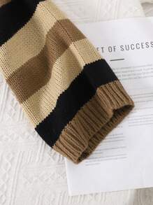 SHEIN Tween Girls Brown Color Stripe Pattern Drop Shoulder Super Crop Y2K Grunge Sweater, Suitable For Daily Wear, Casual Occasion,In Fall/Winter