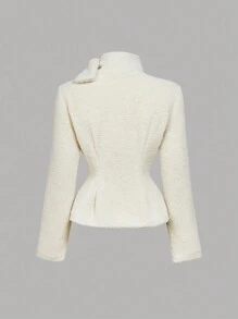 SHEIN MOD 高领前系带长袖腰部收紧泰迪夹克（米色）、泰迪外套、羊毛夹克、冬季女外套、冬装 - 杏色 - 查看 2