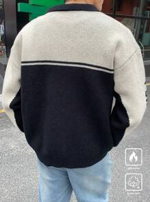 Manfinity Hypemode Men's Color Contrast Letter Print Drop Shoulder Long Sleeve Casual Cardigan, Autumn/Winter