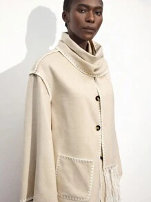 Maija Manteau de festival élégant et décontracté pour femmes, couleur abricot, au printemps précoce, avec détails de boutonnage avant, poches, manches longues et écharpe à franges