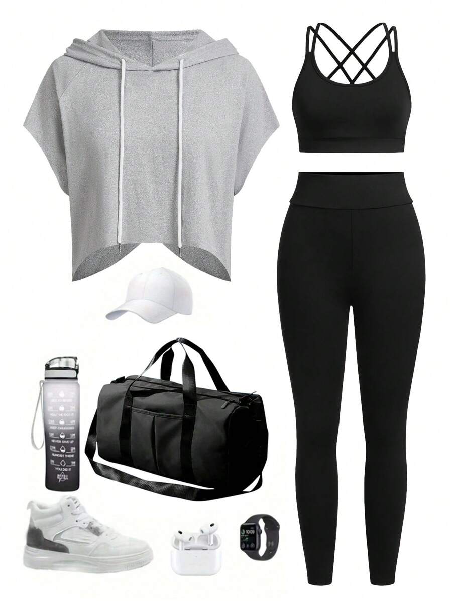 Eassivo Eassivo 3pcs/Set White Crop Loose Hoodie Beige Tight Camisole Beige Tight Pants Hoodie Set Women Workout Set Women Leggings Set - Multicolor - View 1