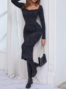INAWLY Vestido ajustado con adorno de encaje y estampado floral, estilo europeo