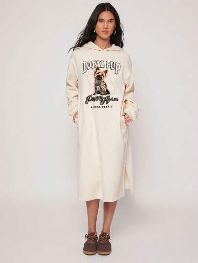 Animal Planet X SHEIN Vestido sudadera de manga caída casual con estampado de perro Yorkie y letras, holgado y con capucha, de largo medio, para primavera/otoño