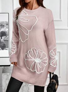 EMERY ROSE Women's Embroidered Crewneck Long Sleeve Sweater Dress - Pink - View 3