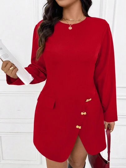 SHEIN Frenchy Vestido de línea A con hebilla de metal roja minimalista y elegante, talla grande, adecuado para la oficina, el transporte, fiestas, reuniones, Año Nuevo y Navidad