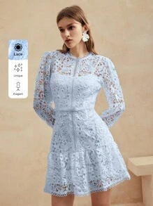 Anewsta Elegante vestido de manga larga de encaje soluble en unicolor con diseño floral de estilo europeo para primavera y verano - Azul - Ver 8