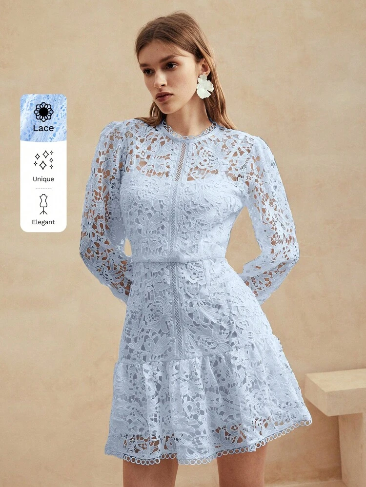 Elegant European Style Solid Color Floral Soluble Lace Long Sleeve Dress For Spring And Summer