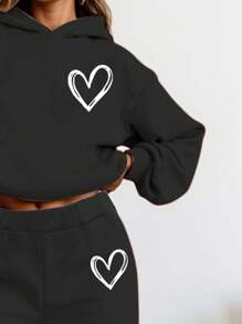 SHEIN Leap Crew Teen Girl Casual Heart Print Drop Shoulder Hoodie & Sweatpants Set, Thick Pullover For Autumn/Winter - Black - View 4