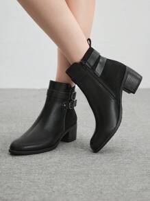 CUCCOO BIZCHIC Fashionable Basic Comfy Commuting Black Faux Suede Patchwork Block Heel Ankle Boots For Christmas And New Year Holiday Vibe Fall And Winter Valentines - Black - View 3