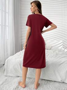 Women's Crew Neck Short Sleeve Casual Minimalist Heart Print Nightgown, Moo Moo - Burgundy - View 2