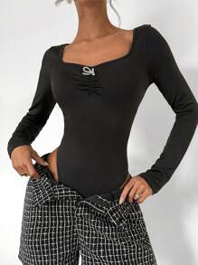 Chiquease Women's Sweetheart Neck Ruched Front Rhinestone Bow Decor Long Sleeve Bodysuit