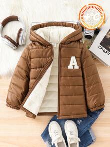SHEIN 1 pieza Abrigo acolchado con capucha forrado térmico de estilo casual para niños pequeños, adecuado para la temporada de otoño/invierno