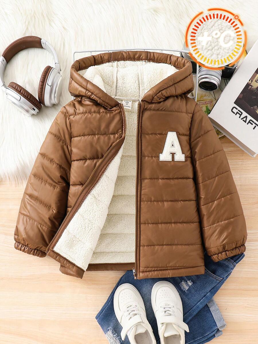 SHEIN 1 pieza Abrigo acolchado con capucha forrado térmico de estilo casual para niños pequeños, adecuado para la temporada de otoño/invierno