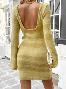INAWLY Women Solid Backless Long Sleeve Knitted Sweater Dress - Yellow - View 1