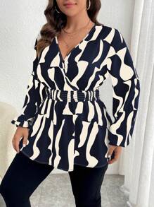 Celure Long Sleeve Wrap Collar Criss-Cross Umbrella Hem Geometric Print Shirt Peplum Top