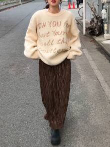 FRIFUL 女士休闲纯色纹理面料直筒长裙，秋冬 - 棕色 - 查看 2