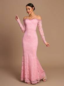 SHEIN Belle Vestido elegante de manga larga transparente con hombros descubiertos y volantes en el bajo, adecuado para bodas, fiestas, vacaciones, bailes de graduación, vestidos de dama de honor (adulto) - Rosa vieja - Ver 1