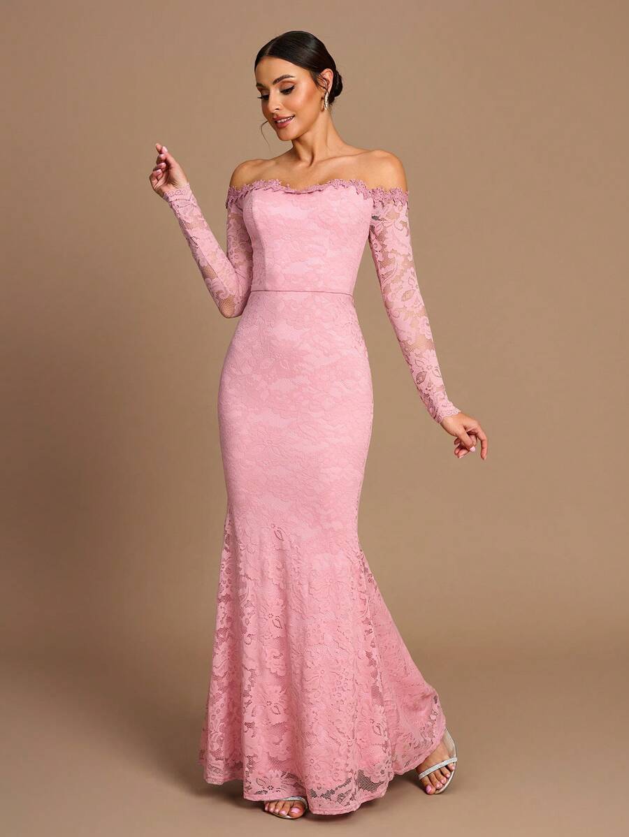 SHEIN Belle Vestido elegante de manga larga transparente con hombros descubiertos y volantes en el bajo, adecuado para bodas, fiestas, vacaciones, bailes de graduación, vestidos de dama de honor (adulto) - Rosa vieja - Ver 1