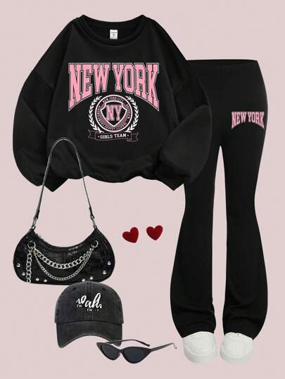SHEIN Girlism Tween Girls 2pcs Set: Loose Fit Knit Crew Neck Letter Logo Sweatshirt And Tight Fit Flared Pants, Pink, New York Style