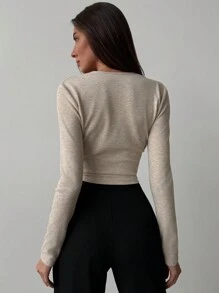 Aloruh Élégant Top pull abricot avec décolleté plongeant sexy et décoration torsadée, t-shirt manches longues polyvalent