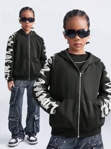 SHEIN Sudadera con capucha con cremallera para niñas preadolescentes de otoño/invierno, sudadera oversize negra con estampado de letras de Halloween Y2K
