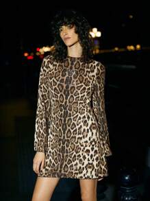 SHEIN Maija Damen Midi Kleid mit Leoparden Muster, paillettenbesetzt, lange Ärmel, tailliert, elegant für Schulanfang, Ferien, Party, Stadtreisen - Neuankömmling Herbst Winter