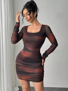 Firerie 女士时尚扎染褶皱迷你连衣裙，紧身款式，秋季 - 棕色 - 查看 2