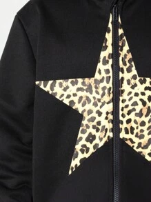 Conjunto de sudadera con estampado de leopardo y estrellas para niñas preadolescentes y jóvenes, estilo otoño/invierno - Negro - Ver 6