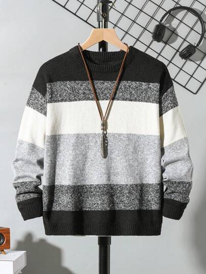 SHEIN Explorewe 青少年男孩条纹针织毛衣，采用简单的黑、白、灰千鸟格图案，适合秋冬季穿着