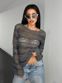 SHEIN Unity Femmes Streetwear Pull vintage à encolure bateau ajourée, manches longues. Tricot automnal, pull pour l'automne et l'hiver - Multicolore - Voir 3
