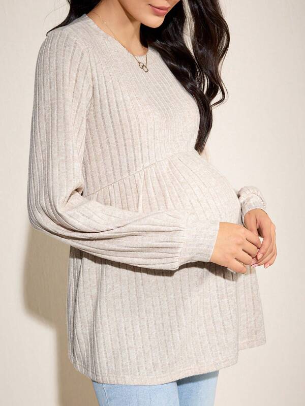 SHEIN Plus Size Women's Solid Color Round Neck Long Sleeve Knitted Sweater T-Shirt, Maternity Spring/Summer Tee